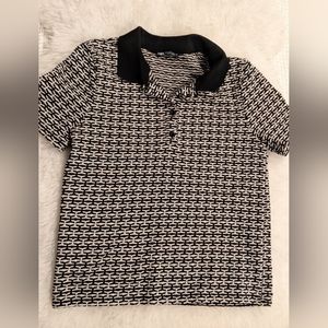 Zara Black and cream Knit Polo with Buttons and a Black Collar.